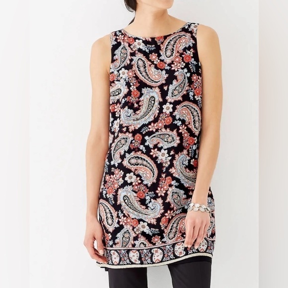 J.Jill Boho Sleeveless Floral Paisley Tunic Top Flyaway Back Red Black Sz SP - Picture 2 of 16